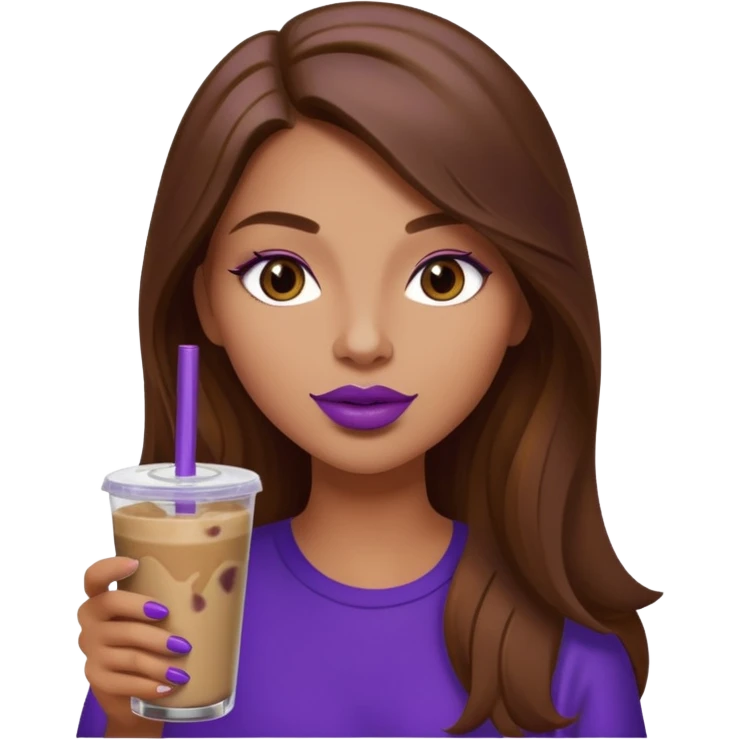 girl with long brown hair and wine lipstick drinking a blueberry butter pecan iced coffee with a purple straw  emoji