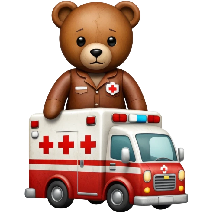 a leather teddy bear inside an ambulance driving an ambulance emoji