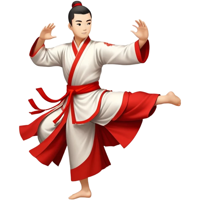 Emblem symbolizing Wushu martial arts. A graceful martial artist performs a dynamic kung fu pose, with flowing movements and a long, elegant robe. The background features stylized clouds and traditional Chinese symbols, representing fluidity, balance, and precision. Transparent background. emoji