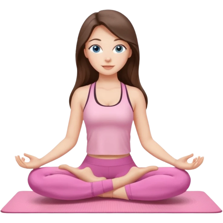 Brunette long hair and blue eyes yoga beautiful girl in light pink pink pink clothes sitting on a yoga mat emoji