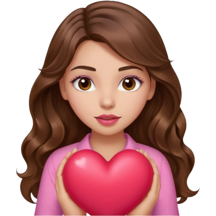 girl with long wavy brown hair, brown eyes, light to medium complexion, in a pink shirt, pink lips, long lashes, squeezing a big heart emoji