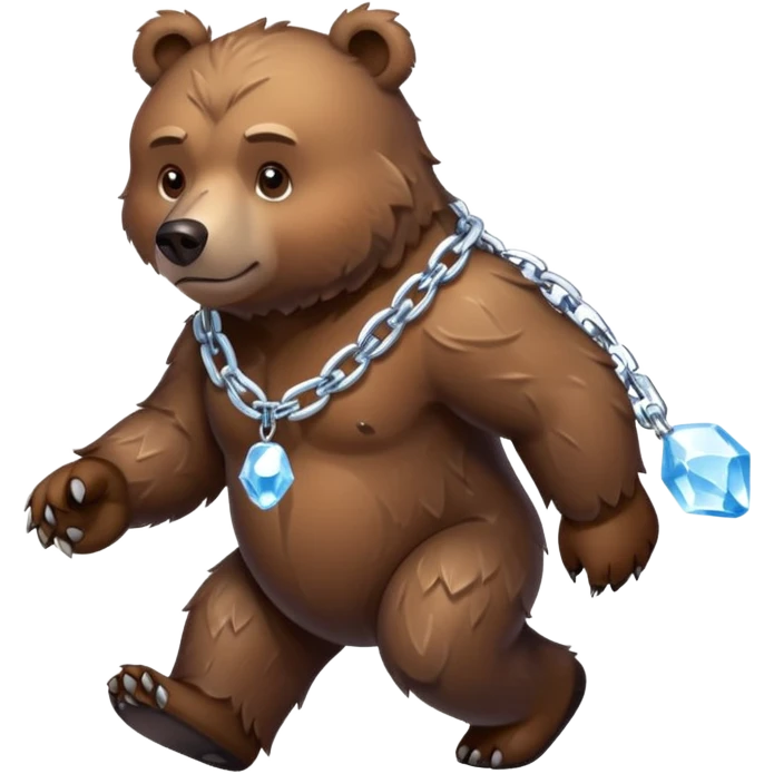 Fierce brown bear walking on four paws with an ice chain necklace, frozen chain links made of crystal clear ice, serious face emoji