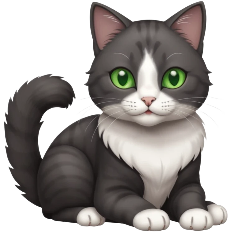 beautiful female solid dark grey cat with green eyes, white toes/paws and white patch on her chest rolling over emoji