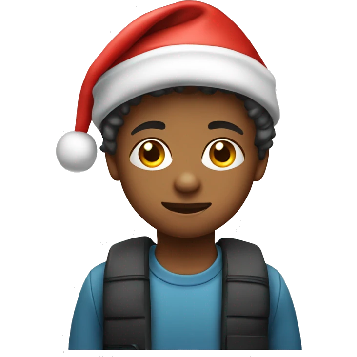 A kid wearing a santa hat with a iphone emoji