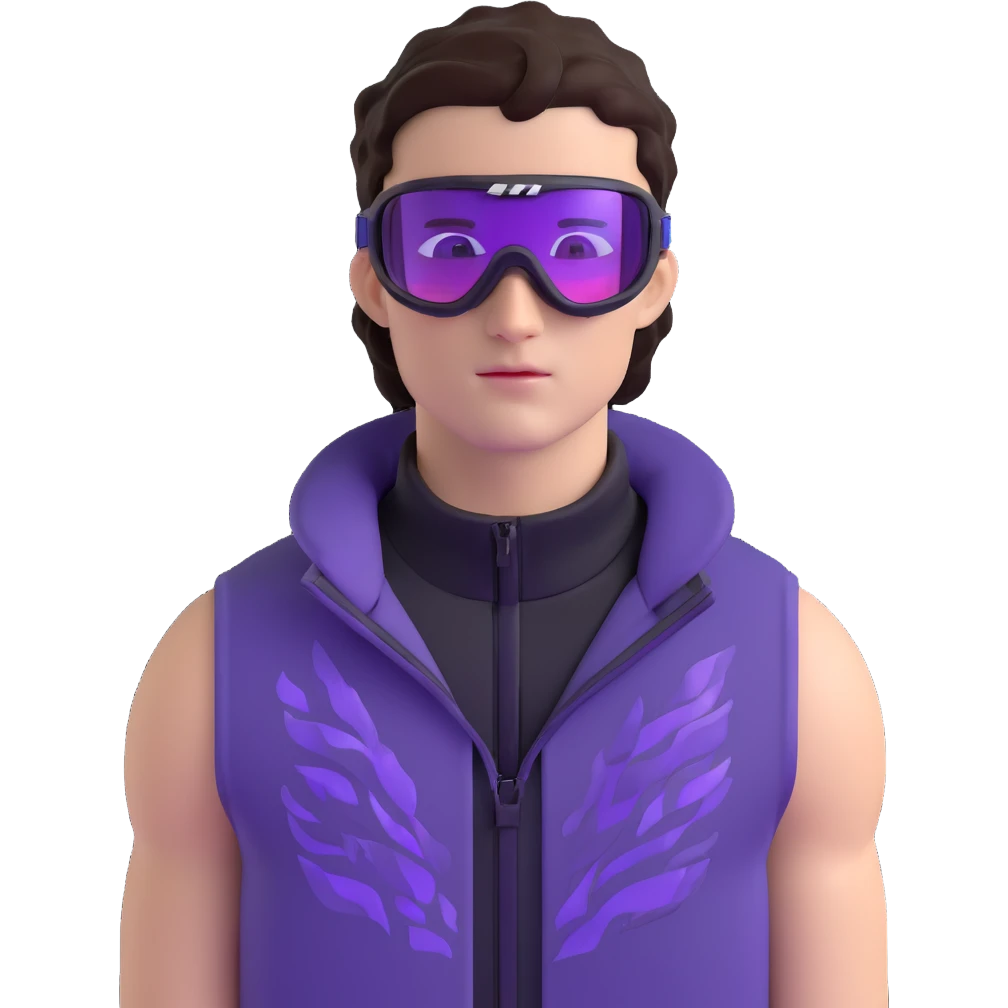 close-up of male athlete with white skin and moderately curly dark brown hair on top with shaved sides, wearing ski goggles with purple frames and very dark black lenses, a simple plain black chain necklace, and a completely unzipped sleeveless vest with purple and black sequin fire pattern design with no logo, frame centered on face and upper chest emoji
