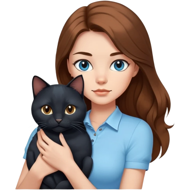 A sexy girl with long hair wearing a light blue tight short-sleeved shirt holding a black cat emoji