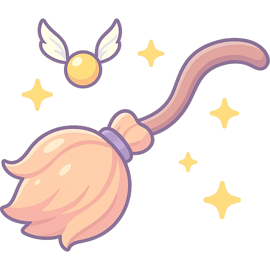 Edit the witch's broom to have a curved handle, a voluminous broom head with smooth lines and no rough division into twigs. Add some small stars around the broom. Use thin, clean contours and soft rounded shapes in a pastel palette with colors #98B5BC, #B5B3C1, #C9A3C9, #E4C0CA, #F7DCD1, #F7C0AA. The style should reflect modern Japanese pop art and sticker aesthetics with detailed shadows and highlights, soft lighting, and a transparent background. emoji