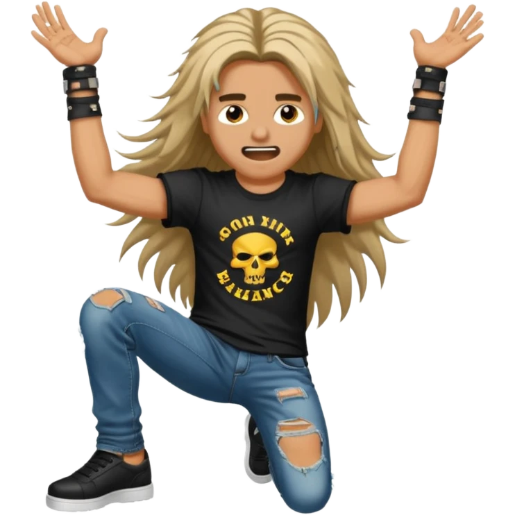 A long haired keyboardist headbanging, the keyboardist is rebellious in their clothing style. emoji