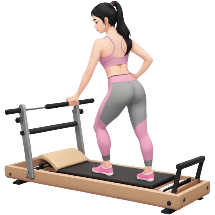 Create a Pilates emoji: a girl with fair skin and black hair, wearing a grey bra and grey leggings with pink pilates socks, on all fours on a wooden reformer. Make it look at the reformer. Make the colors neutrals. emoji