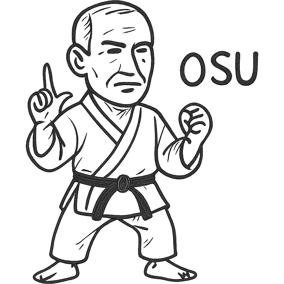 Make the Kyokushin karateka older with mature facial features, place him in the 'osu' position, keep the white gi, black belt, and 'osu' text in the same hand-drawn style. emoji