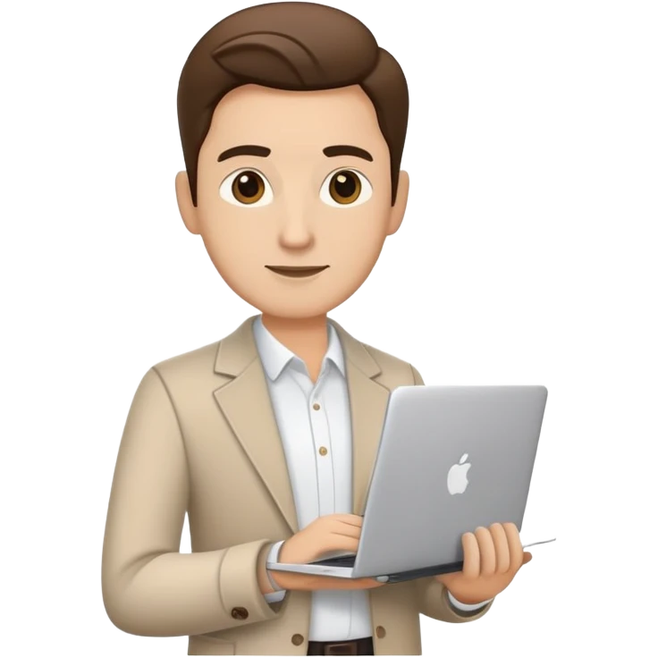 business owner confidently, holding a closed laptop in one hand and a takeaway coffee cup in the other. The character wears casual-smart clothes. emoji