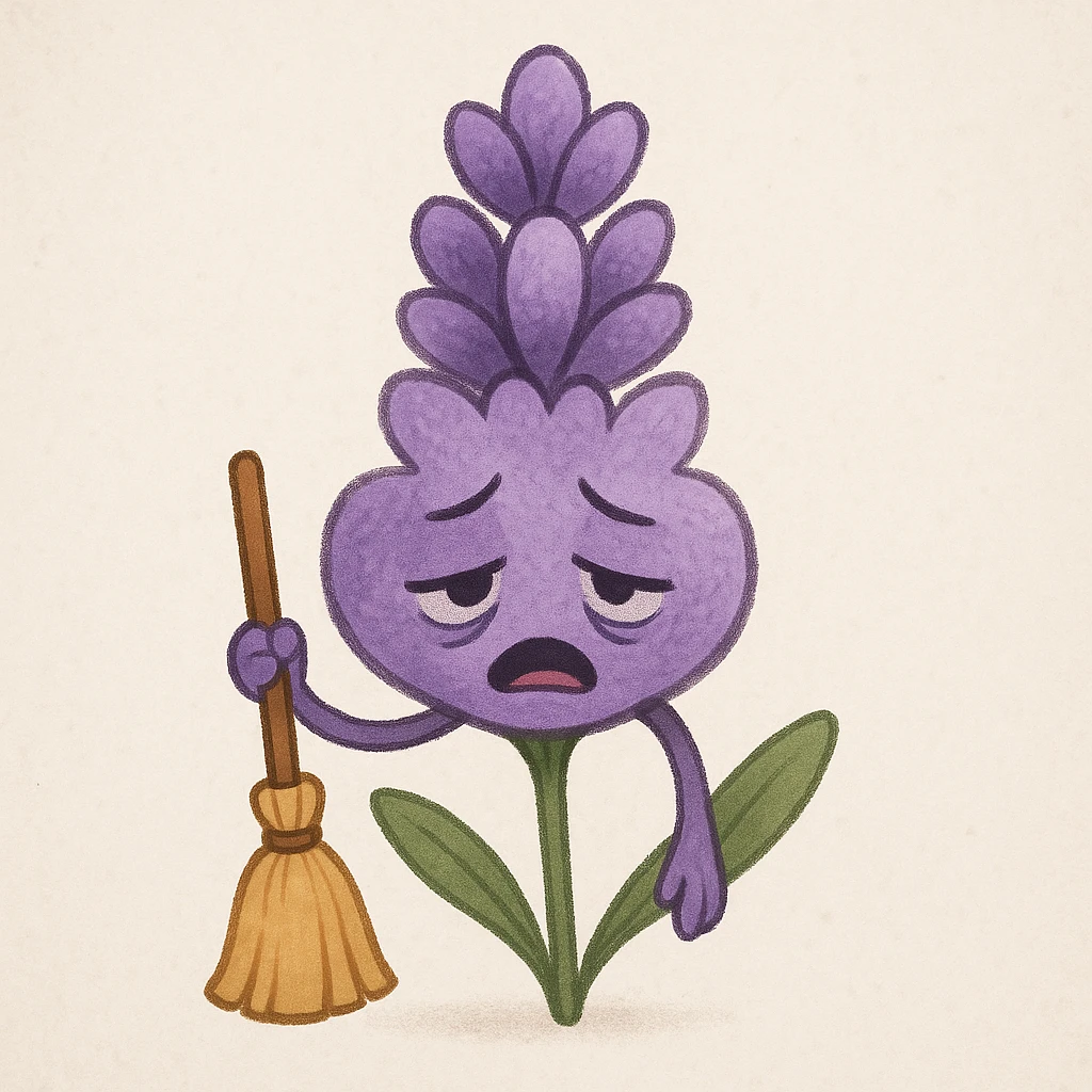 cute soft purple lavender flower holding a small broom, showing a very tired expression emoji
