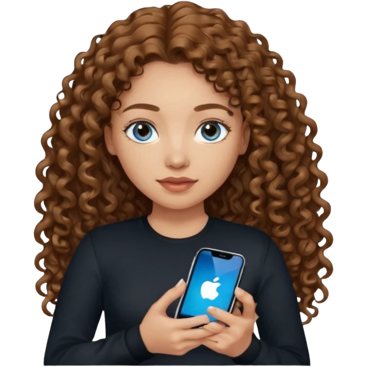 generate a pretty woman with blue eyes, light skin and medium brown long curly shiny hair holding an iphone she is looking at the phone and holding it in her hand. she is wearing an ALL black long sleeve emoji