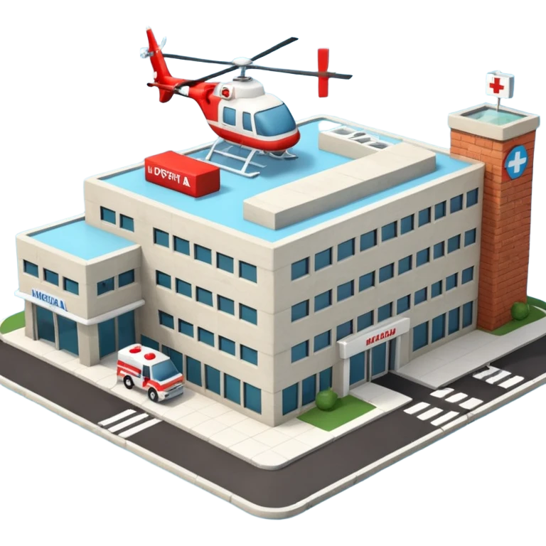 3d hospital outside, with text hospital, ambulance, helicopter , no background emoji