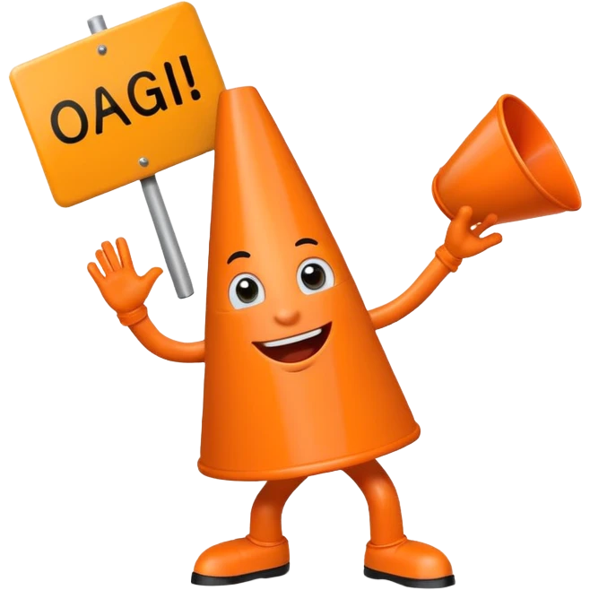 orange traffic cone with three legs dancing with sign in his hand saying “oagi” emoji