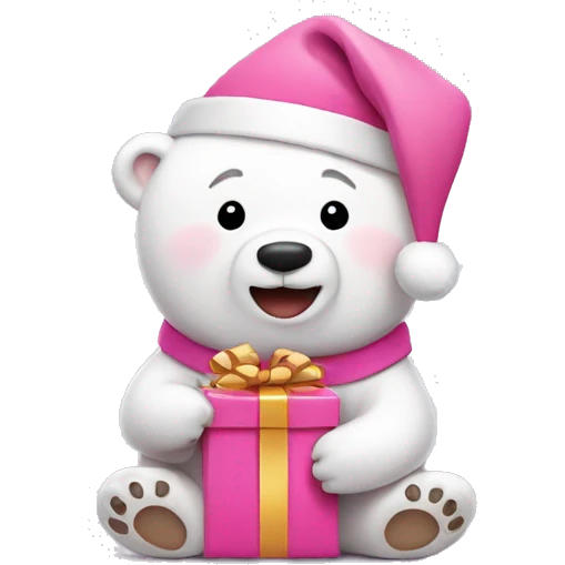 Happy pink polar bear with a Santa hat and holding a tiny pink gift emoji