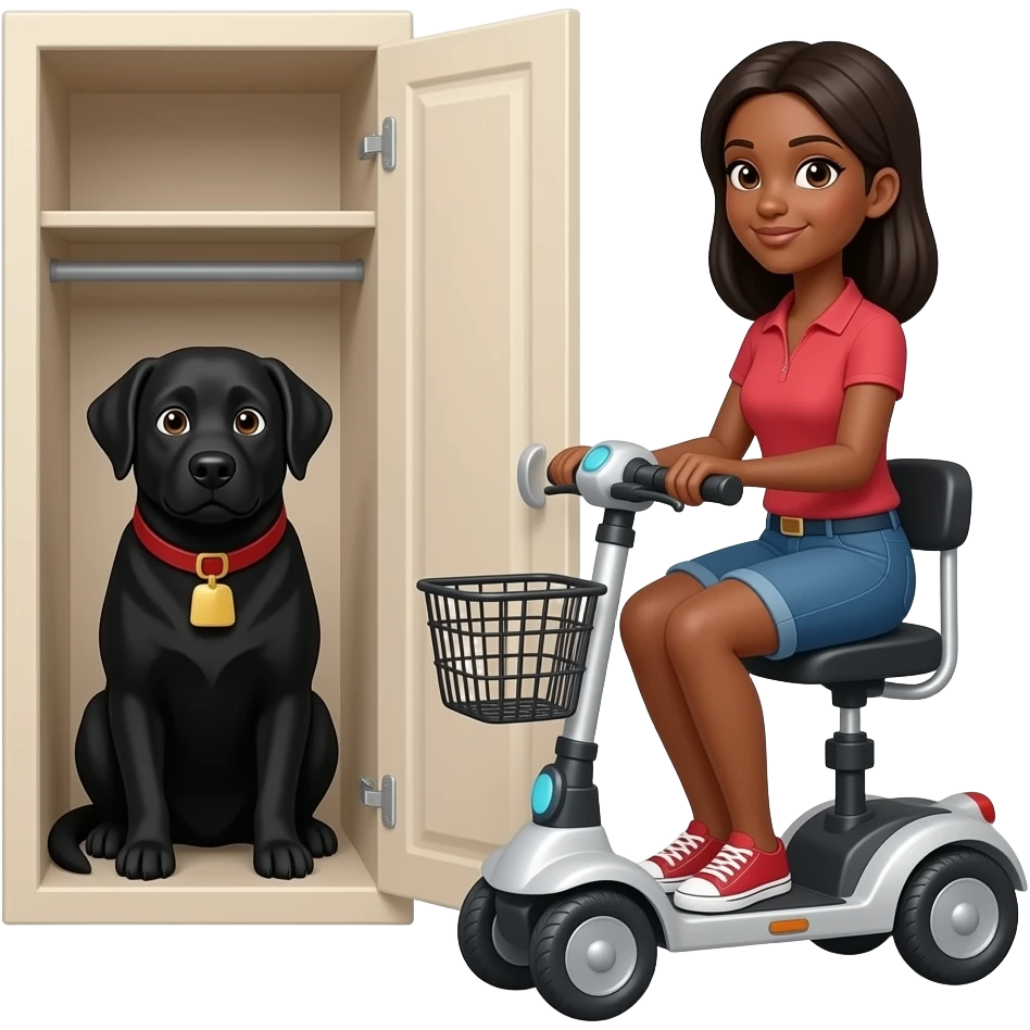 Black lab hiding in closet with black skinned female owner on mobility scooter emoji