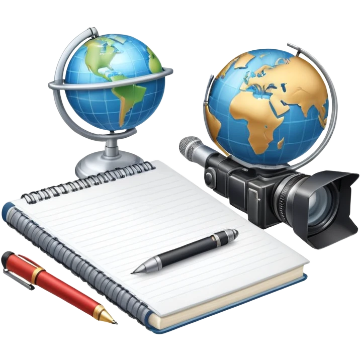An icon showing a microphone, a notepad, and a camera, symbolizing journalism. The design includes a globe in the background, representing global news, and a breaking news banner for emphasis. Transparent background highlights the dynamic world of media and reporting. emoji