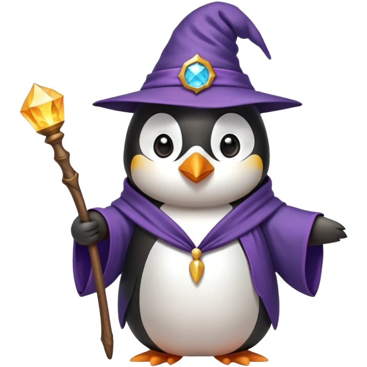 A penguin wearing a wizard hat and robe, holding a magic wand emoji