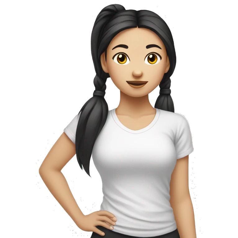 A asian girl with black pony tail white tee shirt yoga emoji