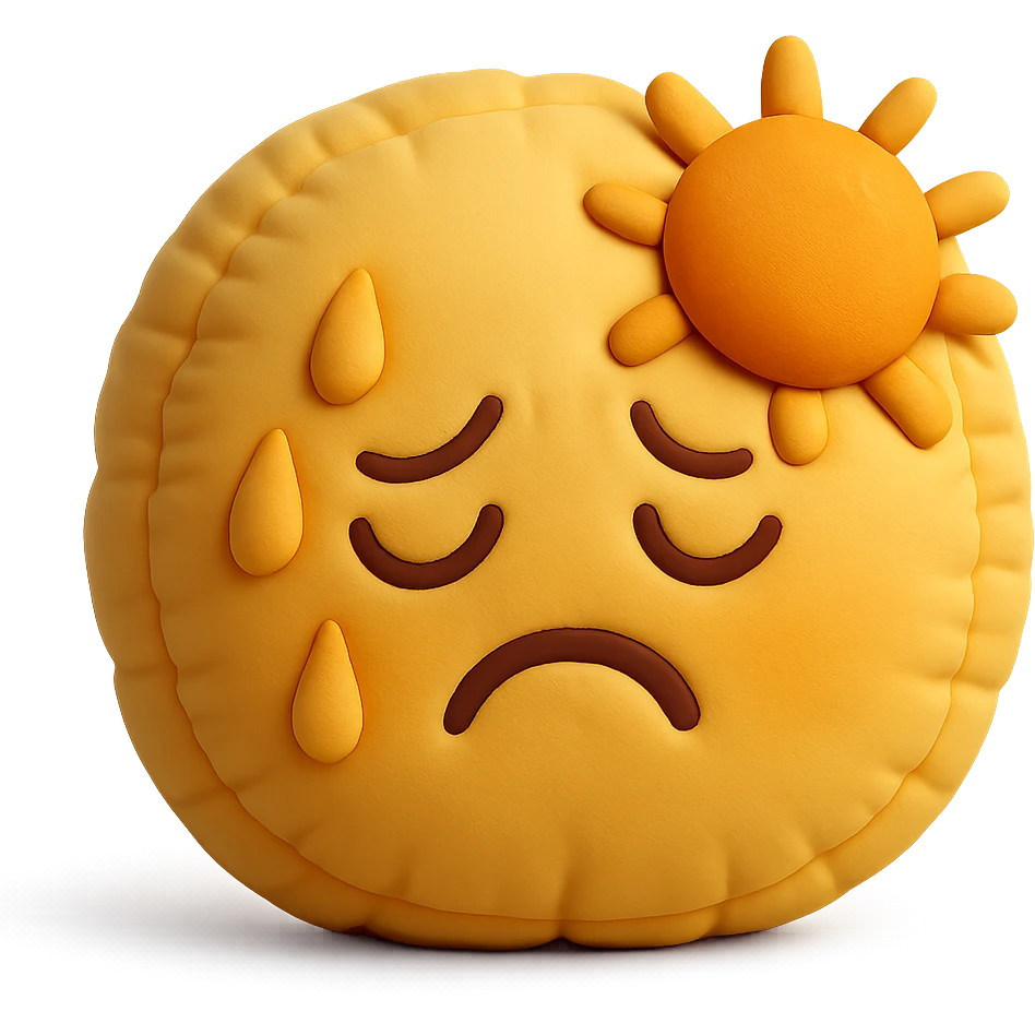 plush face with sweat and sun, hot weather, warm colors, soft cushion style emoji