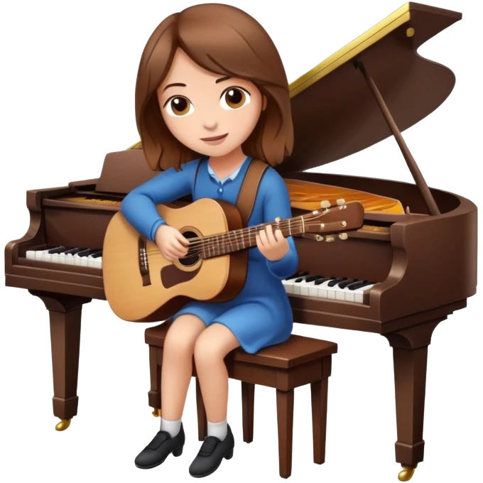 A girl with brown hair sitting at a piano and playing guitar emoji