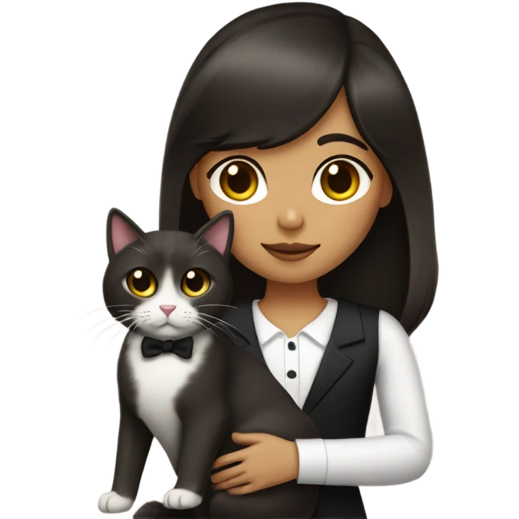 Dark brown haired girl with olive skin with straight across bangs and long hair holding a tuxedo cat emoji