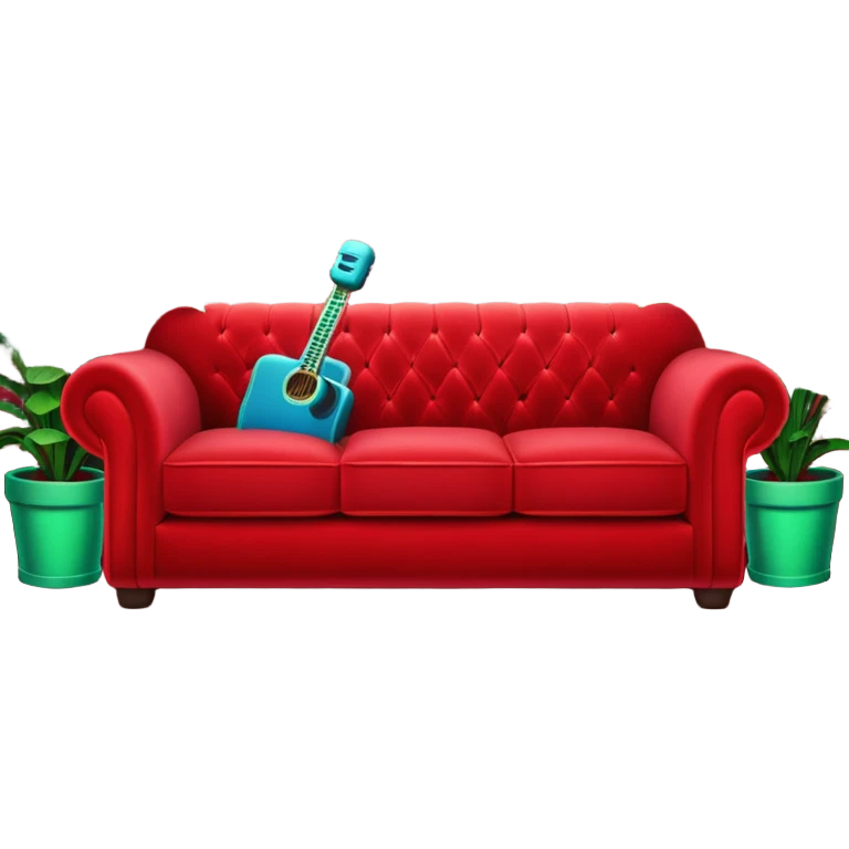 front view of a red velvet couch with a mic in front, houseplants in the background, and a neon sign directly above the couch that says "karaoke" emoji