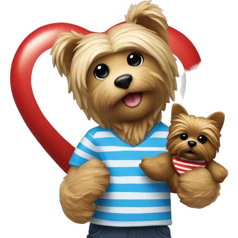 Bear toy with white and blue stripped shirt and redheart in the middle being held next to a yorkie dog emoji