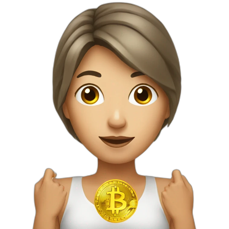 Woman holding bitcoin in her hands above her head emoji