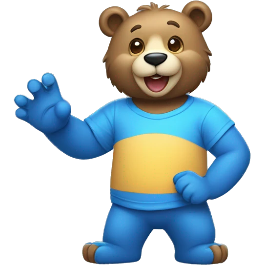 A blue colored  bear who’s very happy and giving a high five and wearing a shirt that says gaming an emoji