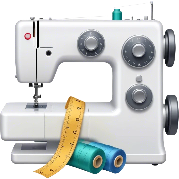 Sewing icon, sewing machine with thread, visible needle, spools of thread, fabric pieces cut according to patterns, scissors, and measuring tape, a piece of clothing in progress, minimalistic style, clean lines, transparent background. emoji