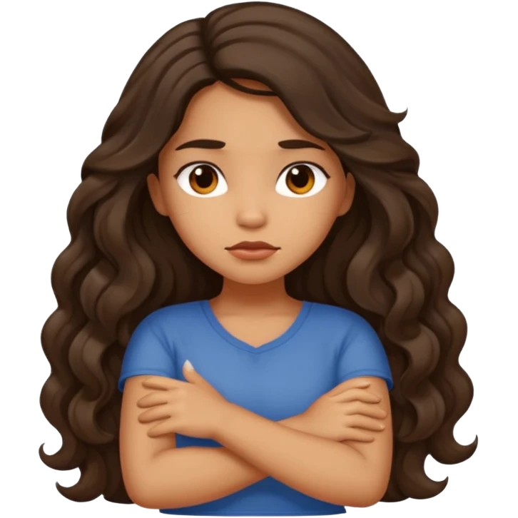 Hispanic tan ish girl with long dark wavy hair crossing her arms and slightly pouting emoji