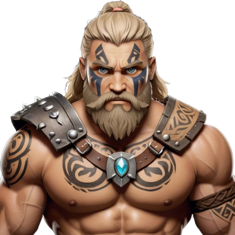 Clash of Clans aesthetic: Cinematic Rugged Barbarian Portrait Emoji, Intense and formidable with a heavily muscled physique, a rugged beard, piercing eyes and battle-worn armor adorned with tribal markings, his complexion a light tan that speaks of hard-fought battles, Simplified yet powerfully detailed features, highly detailed, glowing with a deep, primal energy, high shine, gritty and uncompromising, stylized with an air of raw, untamed power, focused and determined, soft glowing outline, capturing the essence of a barbarian warrior carved by countless battles and poised to lead his clan into epic conflict! emoji