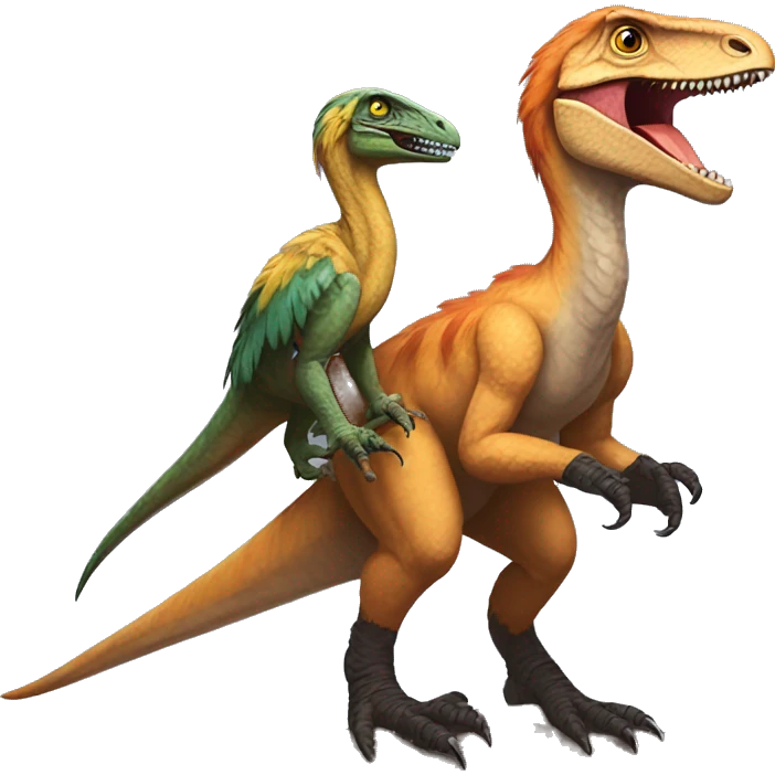 A feathered Utahraptor riding another feathered Utahraptor emoji