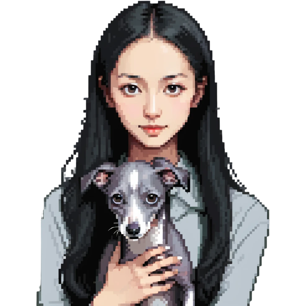 Slim Chinese girl with long black hair holding solid grey Italian greyhound with no white markings on nose emoji