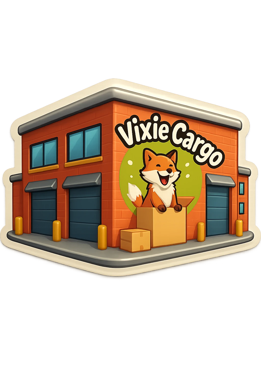 Create a variation of the parcel warehouse building emoji with the Vixie Cargo logo, making the building look more modern, with no background. emoji