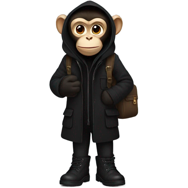 Monkey wearing black wool coat black ugg boots and a black backpack emoji