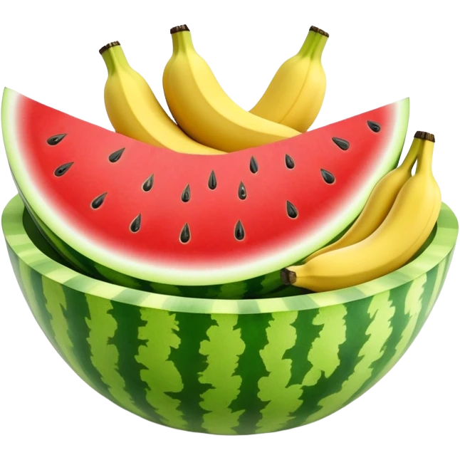 A simple 3D color illustration of a fruit bowl with watermelon, banana with realistic shading and texture, on a pure white background. emoji