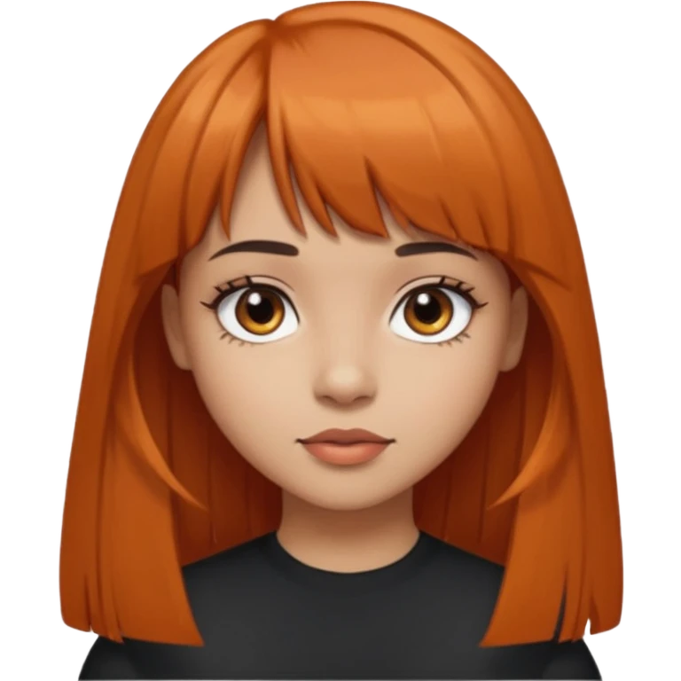 Light skin girl, black to brown orange-ish hair, big brown eyes and medium straight hair with bangs above the eyebrow  emoji