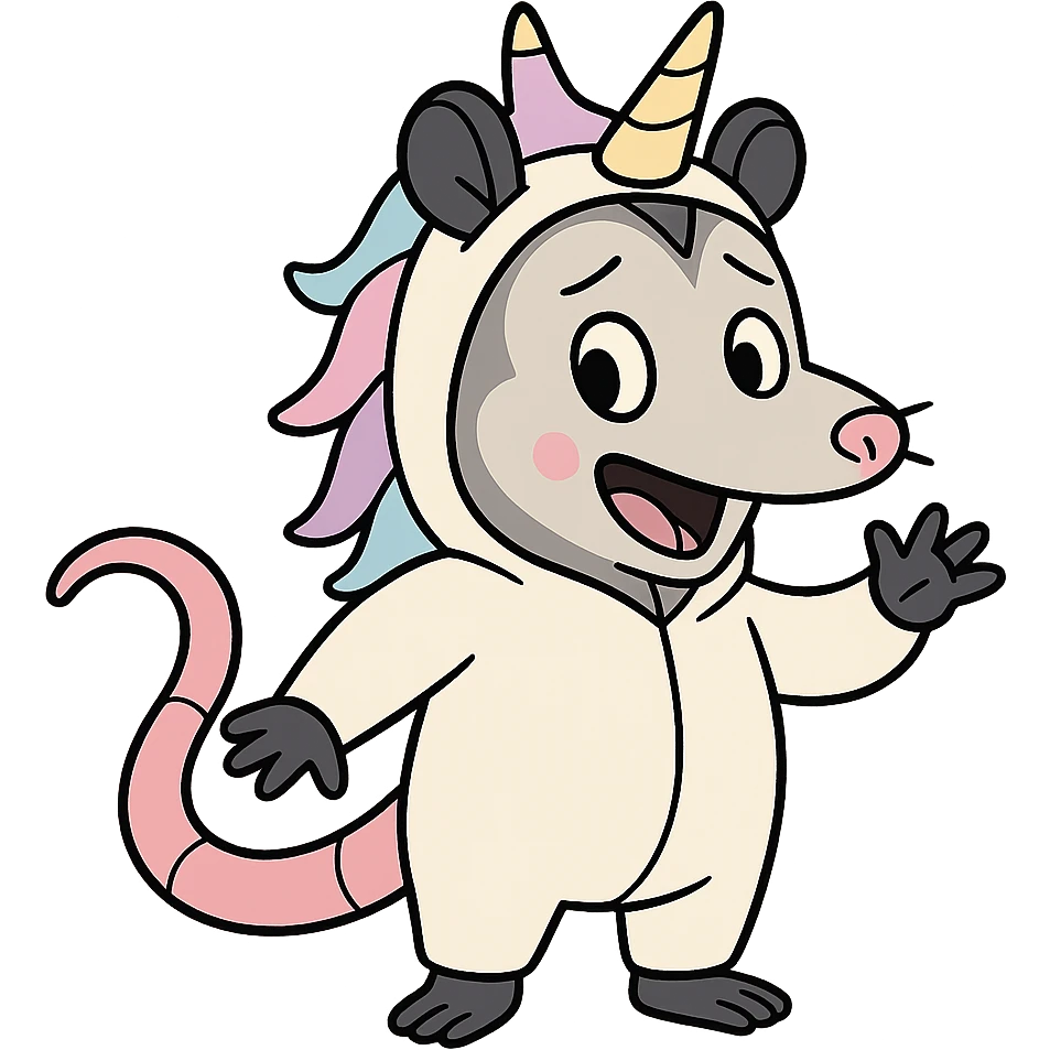 cute cartoon possum dressed up like a unicorn, flat toon style emoji