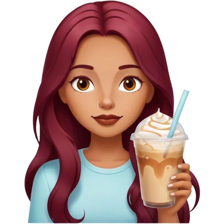Burgundy long haired tanned girl with iced latte emoji