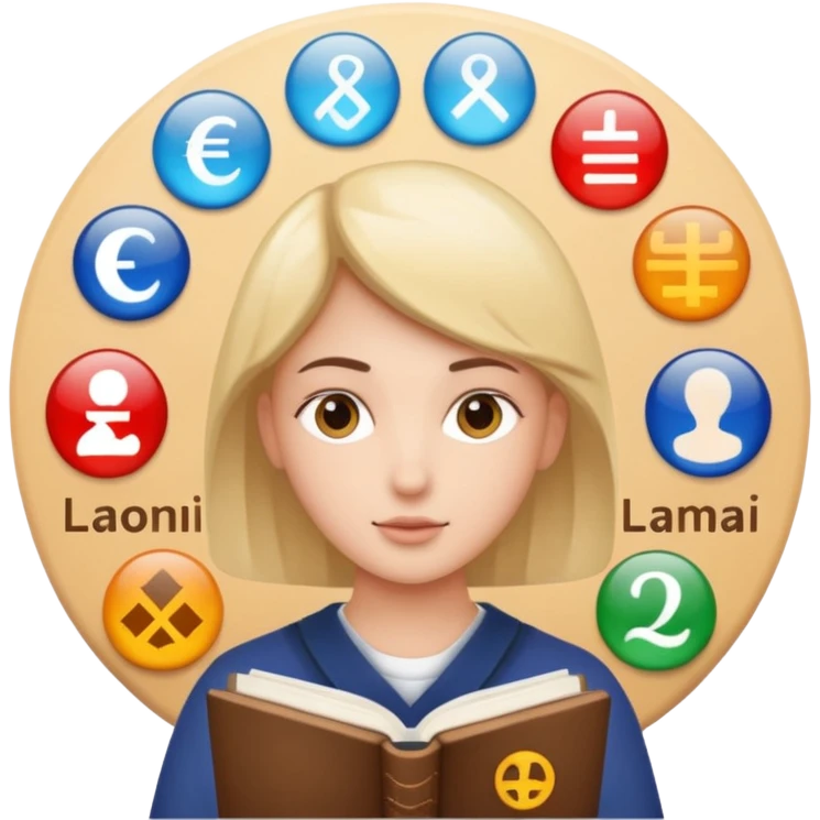 person studying modern languages surrounded by symbols of different languages emoji