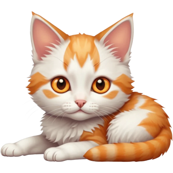 full body of very small + skinny ginger and white kitten with deep orange eyes and triangular shaped face lying down emoji