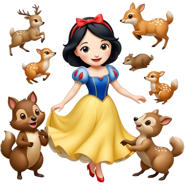 Cinematic Playful Snow White Portrait Emoji, Laughing while dancing with woodland animals, dress twirling gracefully, a whimsical sparkle in her eye, radiating charm and pure delight! emoji