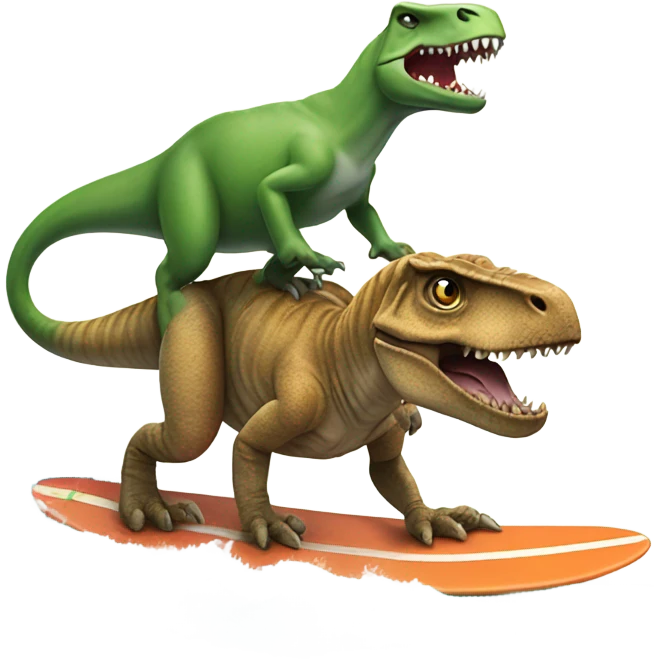 A cat riding a T. rex on a surfboard emoji
