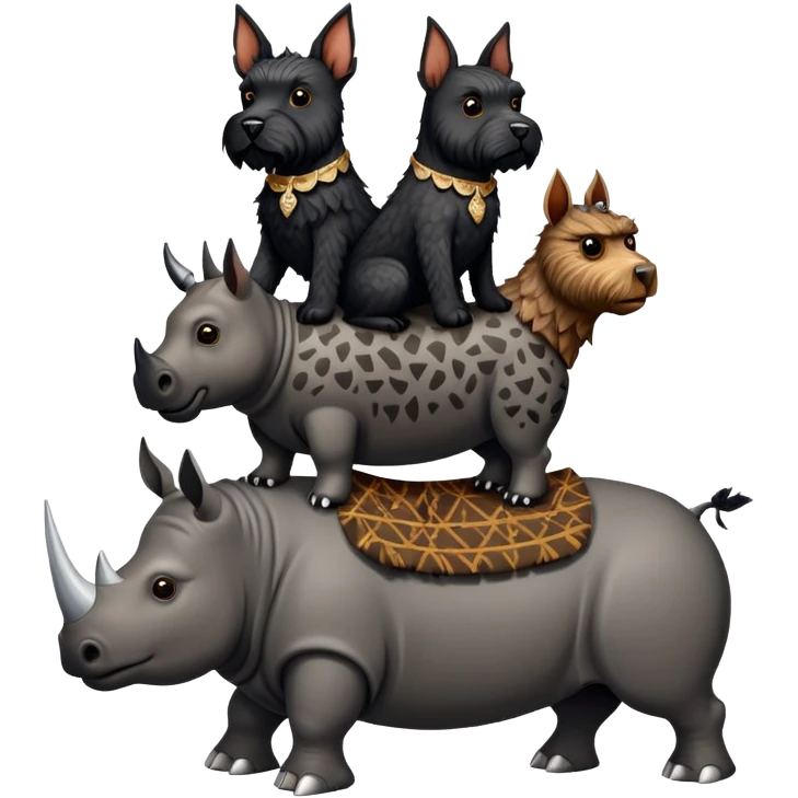 Two Scottish terriers and an owl riding a rhino emoji