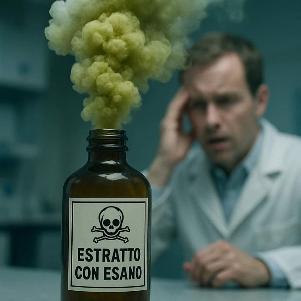Enhance the toxic vapor coming out of the bottle to be much more visible and dramatic, resembling a threatening cloud. Highlight the chemical label 'Estratto con esano' making it clearly readable and central in the scene. Further blur the person in the background, emphasizing their worried expression. Maintain the photorealistic style, surreal atmosphere, and cold clinical lighting. emoji