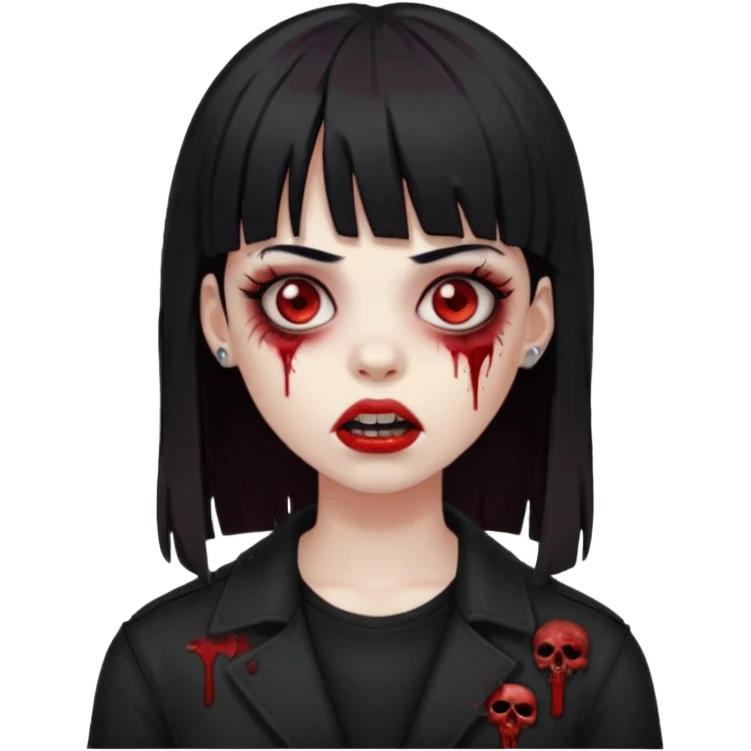 uma garota zumbi, com piercing na boca e no nariz, com olhos vermelhos, cabelos pretos e com franja, e roupa preta emoji