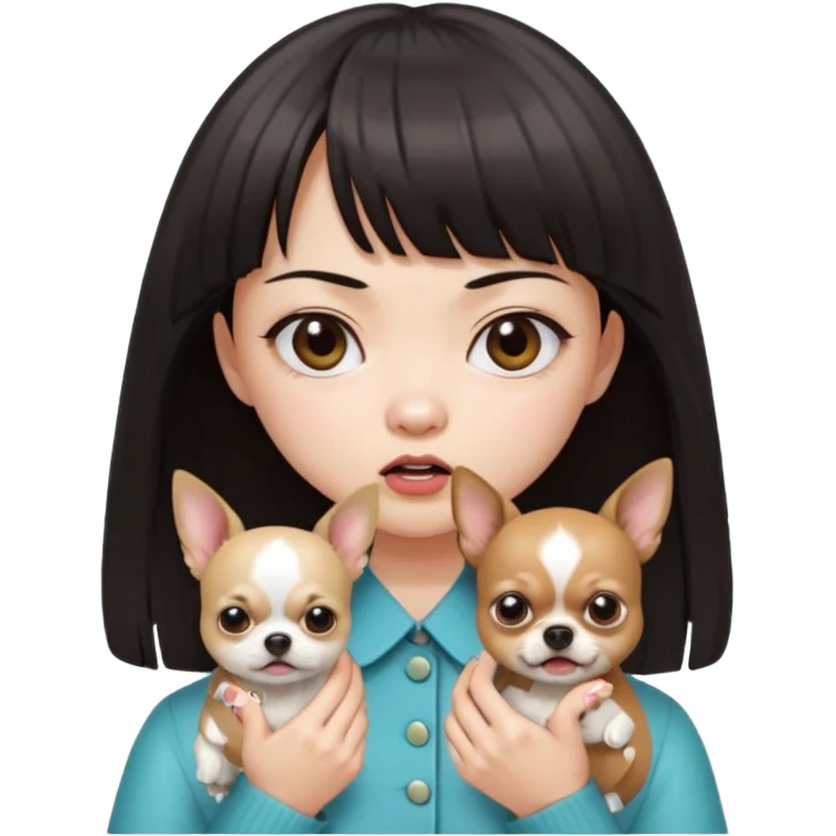 a pretty Asian girl, with hair bangs, pale skin, with manicure holding a chihuahua in her, angry emoji